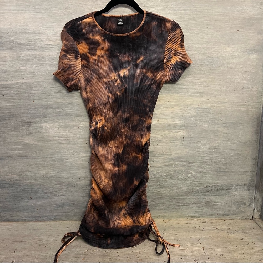 SHEIN‎ Curve Tye Die Ruched Drawstring Ribbed TShirt Dress 0XL Good Condition